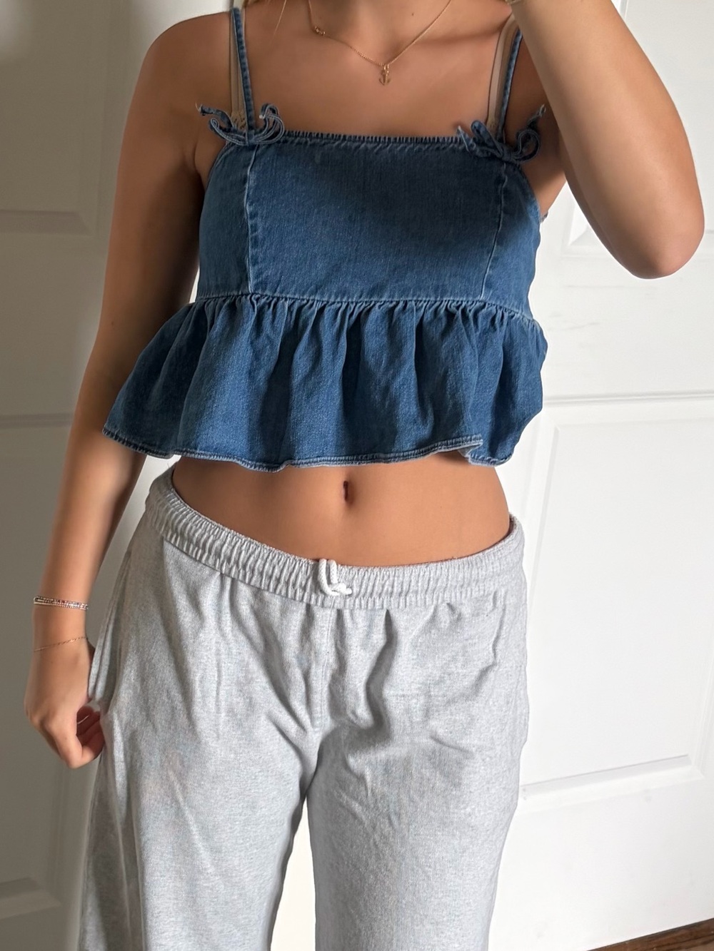 American Eagle Outfitters Blue Denim Ruffle Crop Top